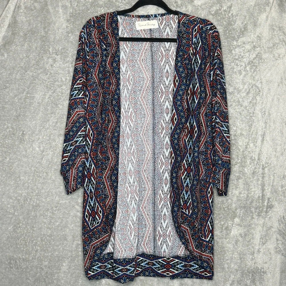 French Laundry 1X Cardigan Sweater Blue Red Geometric 3/4 Sleeve Open Stretch - Picture 1 of 7